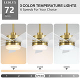 LEDLUX 72" DC Motor Ceiling Fan with Light, 6-Speed Remote Control, Reversible Motor, Modern 9 Blades Ceiling Fan 4.5"/12"/24" Downrods for Home or Commercial, Living Room/Restaurant White/Gold LEDLUX