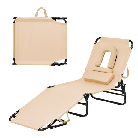 gotoplay Folding Beach Lounge Chair w/ 5 Adjutable Backrest & Padded Pillow, Sunbathing Lounger Chair, Sun Tanning Lay Flat Chair for Seaside Pool Deck, Max Load 330 LBS, No Assembly Required (Beige) gotoplay