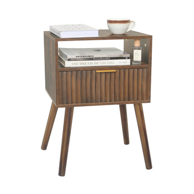 Fultyle Walnut Nightstand, Wooden Bedside Table with Fluted Drawers and Open Shelf, Night Stand Wood for Bedroom, Living Room and Small Space (Rustic Brown)