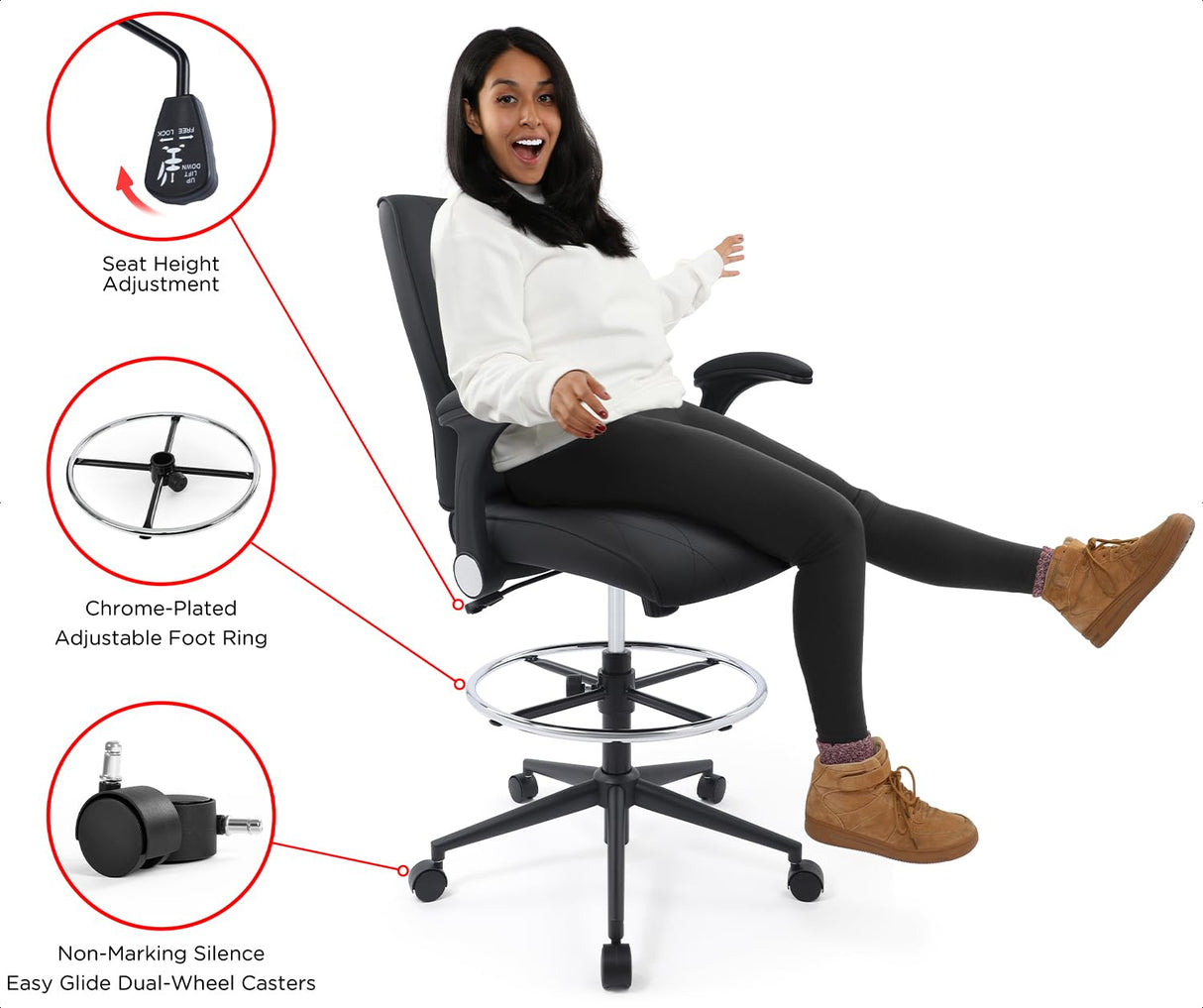 Ergonomic Mid-Back Leather Adjustable Drafting Chair with Flip-up Arms and Foot Ring, Standing-Desk Matched Tall Swivel Computer Office Stool, Black CHAIRMAN