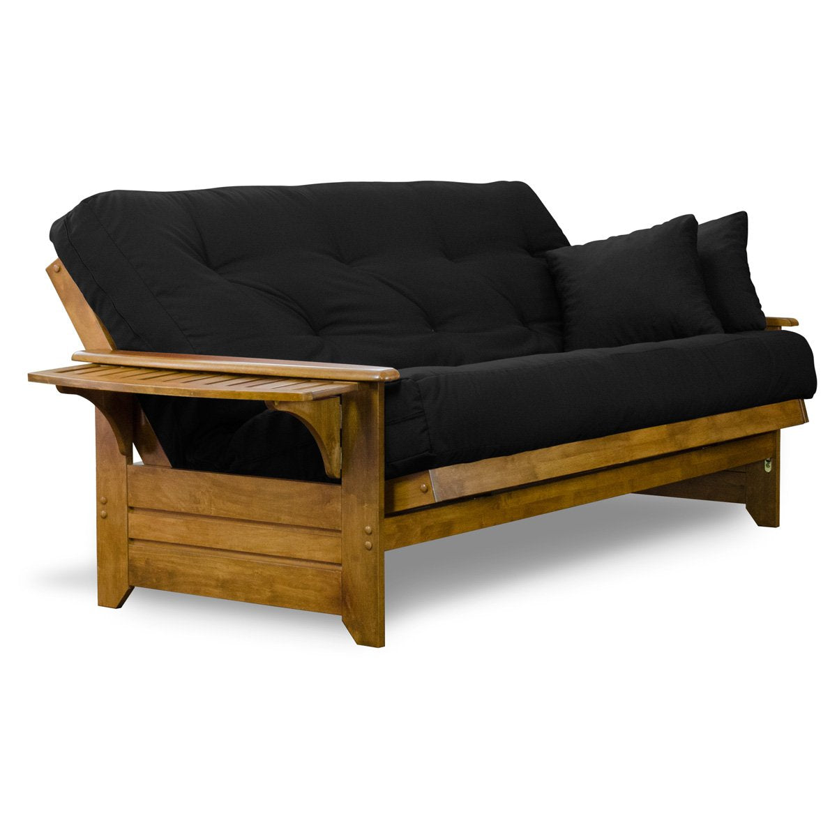 Nirvana Futons Brentwood Tray Arm Futon Frame, Drawers, and Black Mattress Set - Full, Rich Heritage Finish