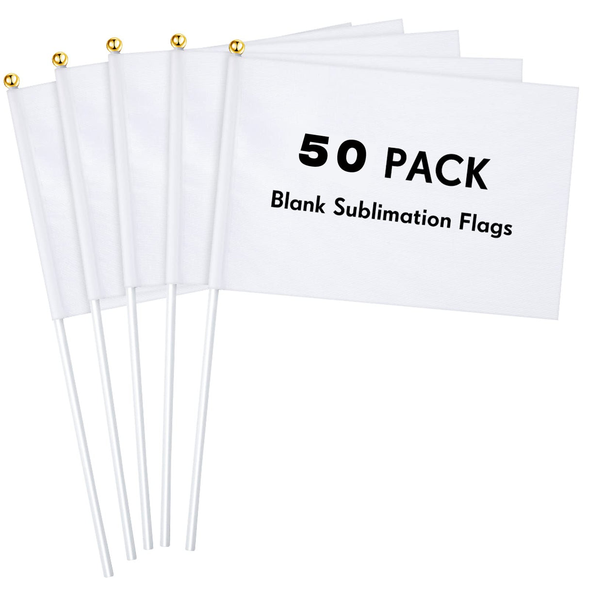 50 Pcs White Small Mini Flags Bulk Sublimation Blank Flags Solid Plain White Flag Hand Held DIY Miniature Flags on Stick for Garden Car Parades Grand Opening Birthday Wedding Party Events Celebration Remerry