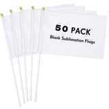 50 Pcs White Small Mini Flags Bulk Sublimation Blank Flags Solid Plain White Flag Hand Held DIY Miniature Flags on Stick for Garden Car Parades Grand Opening Birthday Wedding Party Events Celebration Remerry