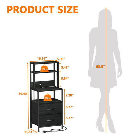 Furnulem Night Stand, Tall Nightstand with 4-Tier Shelves, 2 Fabric Drawers and Light Tube, Bed Side Tables with Charging Station, Bedside Table for Bedroom, Office, Black Oak Furnulem