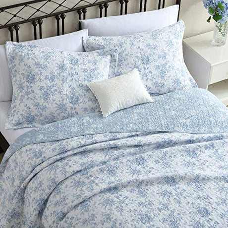Laura Ashley - Full/Queen Quilt Set, Reversible Cotton Bedding with Matching Sham, Medium-Weight for Year Round Use, Floral Print Bed Set (Walled Garden Blue) Laura Ashley