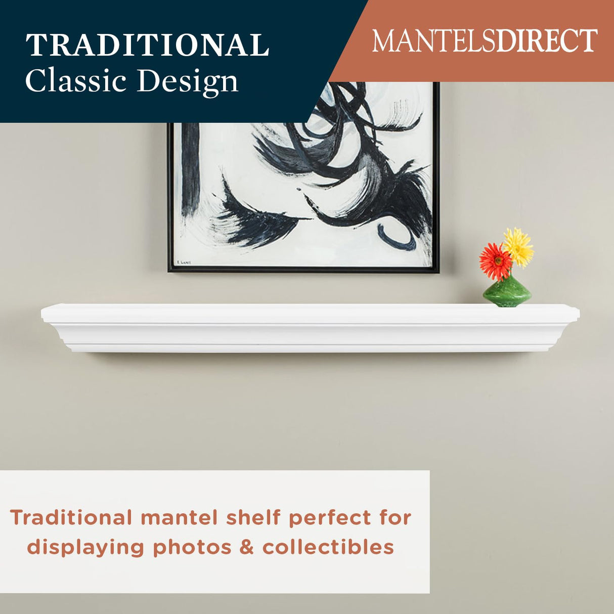 MANTELSDIRECT 60 Inch Floating Fireplace Mantel Wood Shelf in White - Colton from Mantels Direct | Wooden Rustic Wall Shelf Perfect for Décor and Electric Fireplaces MANTELSDIRECT