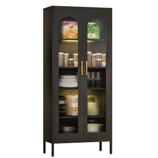 YILFANA 71" Metal Storage Cabinet, Black Glass Cabinet with 2 Sense Lights, 5-Tier Tall Bookcase with 4 Adjustable Shelves, Kitchen Pantry Cabinet Liquor Cabinet Curio Cabinet( 71"H x 27.6"W  - WoodArtSupply