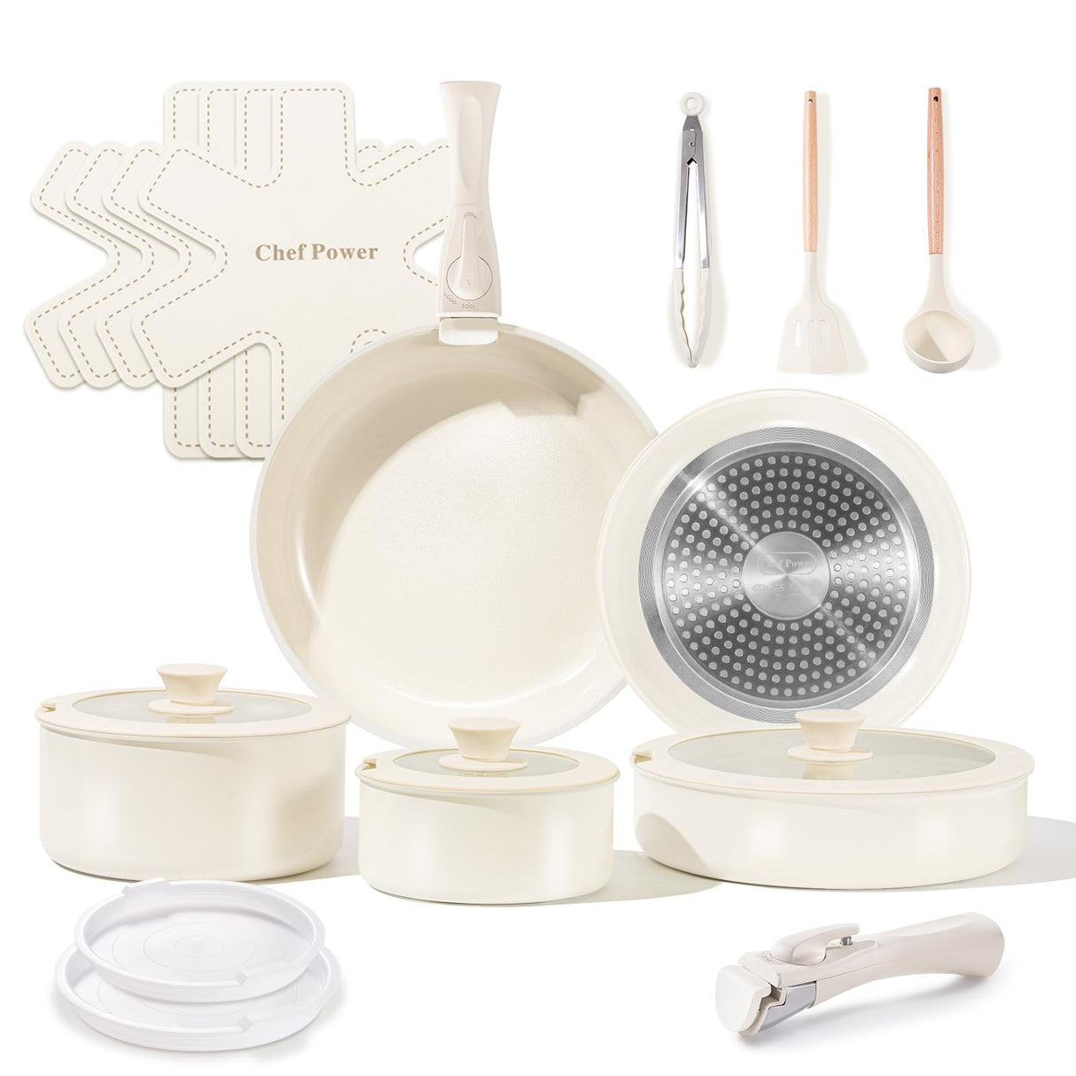 Chef Power Ceramic Cookware Set Non Toxic with Detachable Handles, Healthy Nonstick Pans and Pots Set 19 Pcs, Induction Dishwasher Oven Safe Kitchen Set, PFAS PFOA & PTFE Free, Cream White Chef Power