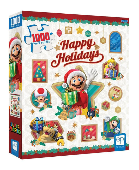 Super Mario Happy Holidays 1,000 Piece Jigsaw Puzzle | Collectible Holiday Puzzle Featuring Mario, Princess Peach, Bowser, Yoshi, and Luigi | Officially Licensed Nintendo Merchandise