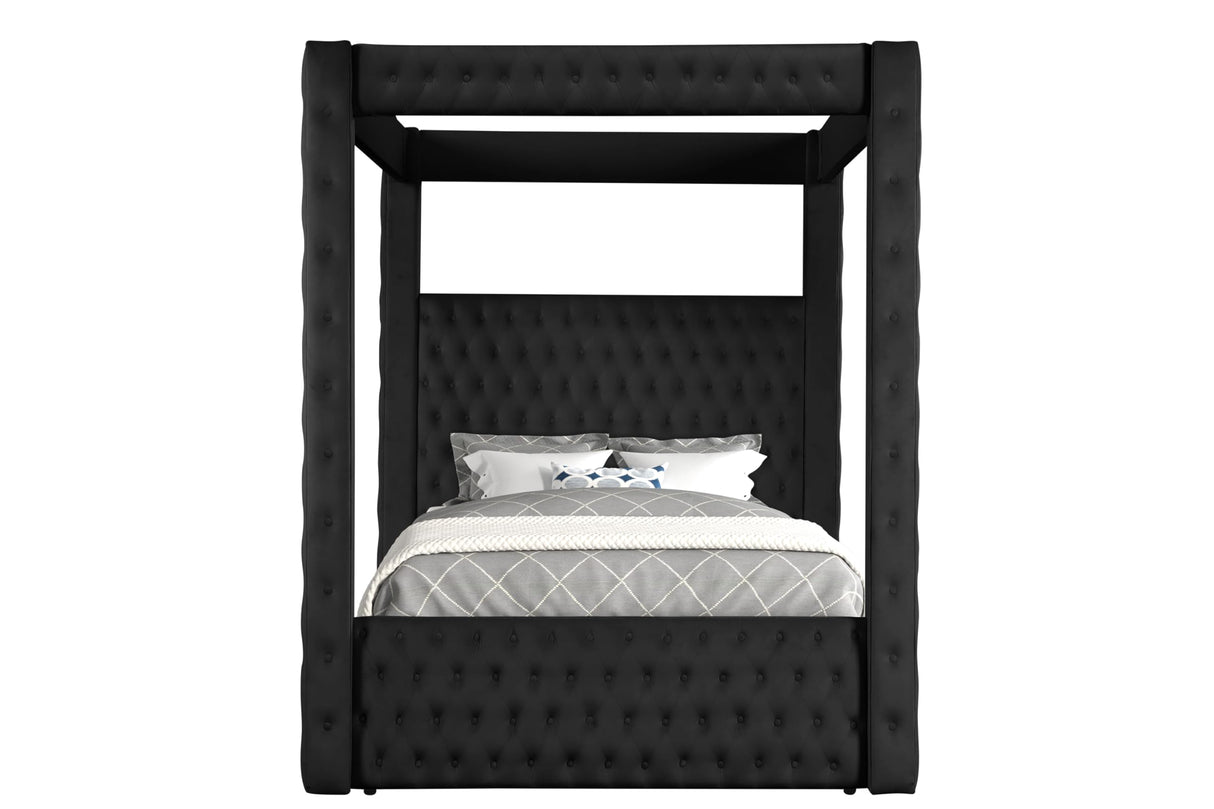 Velvet Canopy Bed Frame King - Upholstered Four Poster Bed Frame with Tufted Headboard and Footboard, Luxury Bed Frame with Wood Slats for Bedroom Furniture, Box Spring Required, Black Wirktive