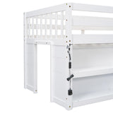 YOPTO Twin Size Low Loft Bed with Storage Shelves and LED Light - Multifunctional Pine Wood Frame for Kids, White YOPTO