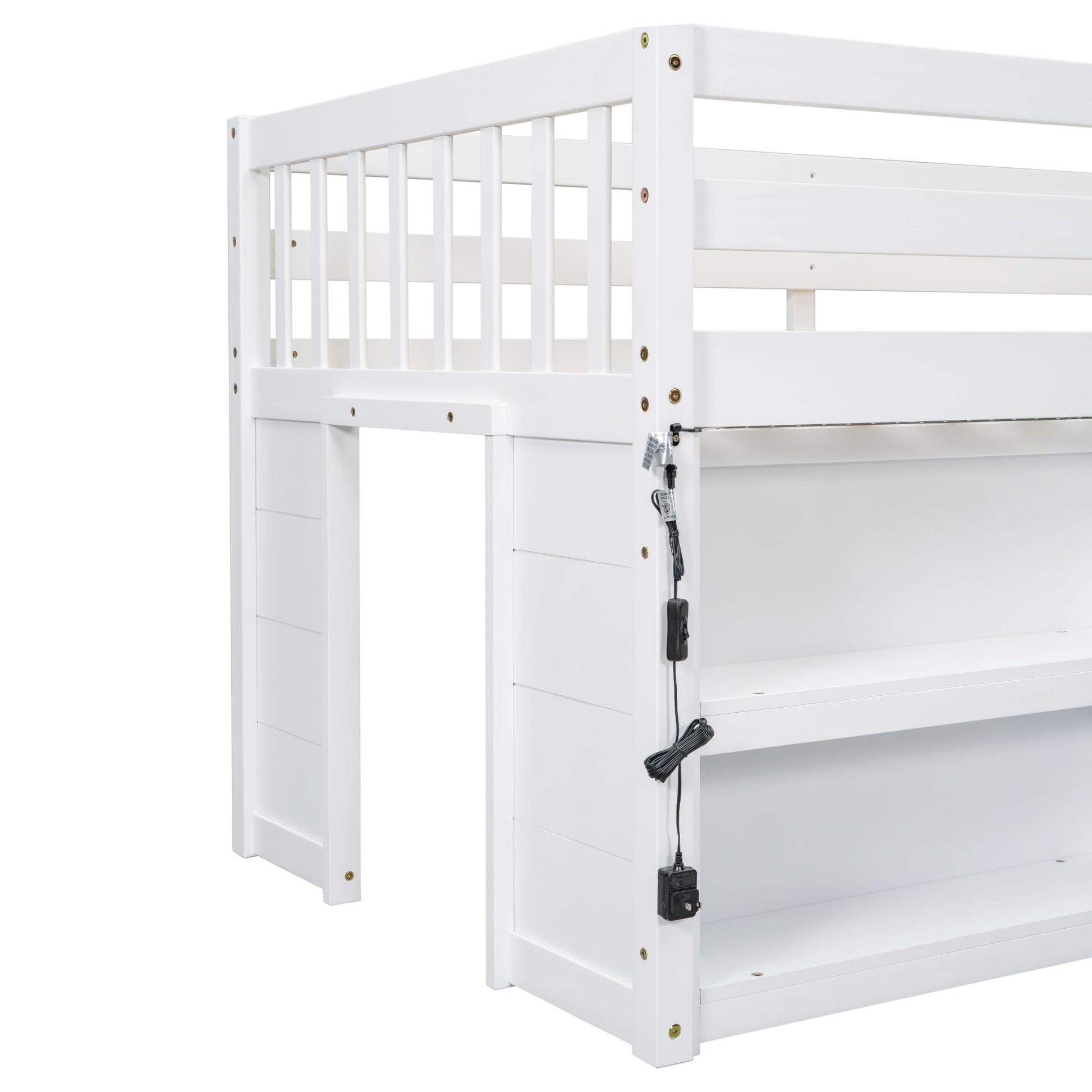 Luckiofvonne Twin Size Low Loft Bed with Storage Shelves and LED Light - WoodArtSupply