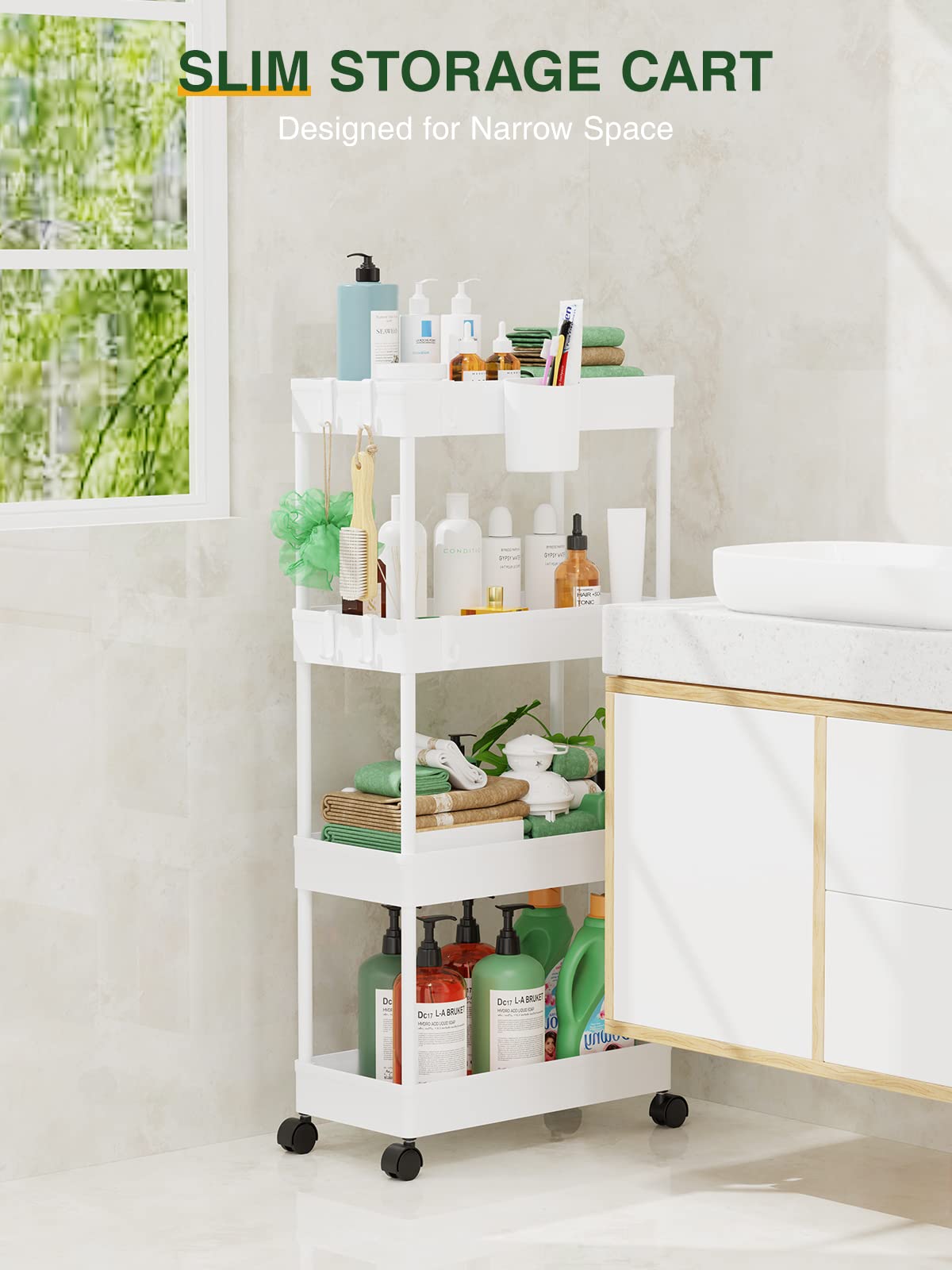 LEHOM Slim Rolling Storage Cart - 4 Tiers Bathroom Organizer Utility Cart Slide Out Storage Shelves Mobile Shelving Unit for Kitchen, Bedroom, Office, Laundry Room, Small Narrow Spaces (Pear White) LEHOM
