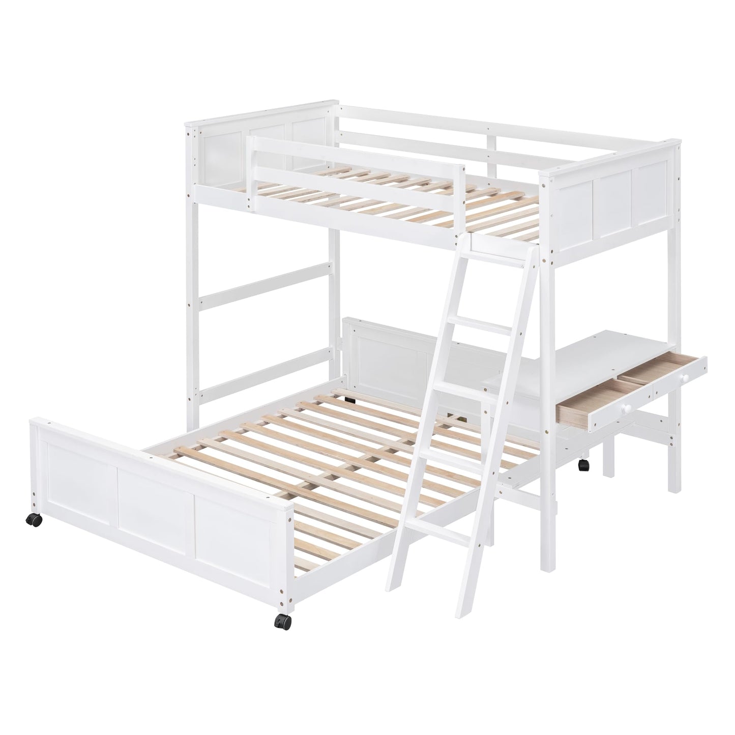 Bellemave Twin Over Full Bunk Bed with Desk and Movable Underbed in White - WoodArtSupply