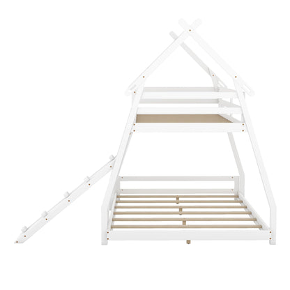 Merax Twin over Queen Solid Wood Bunk Bed with Climbing Ramp and Nets in White - WoodArtSupply