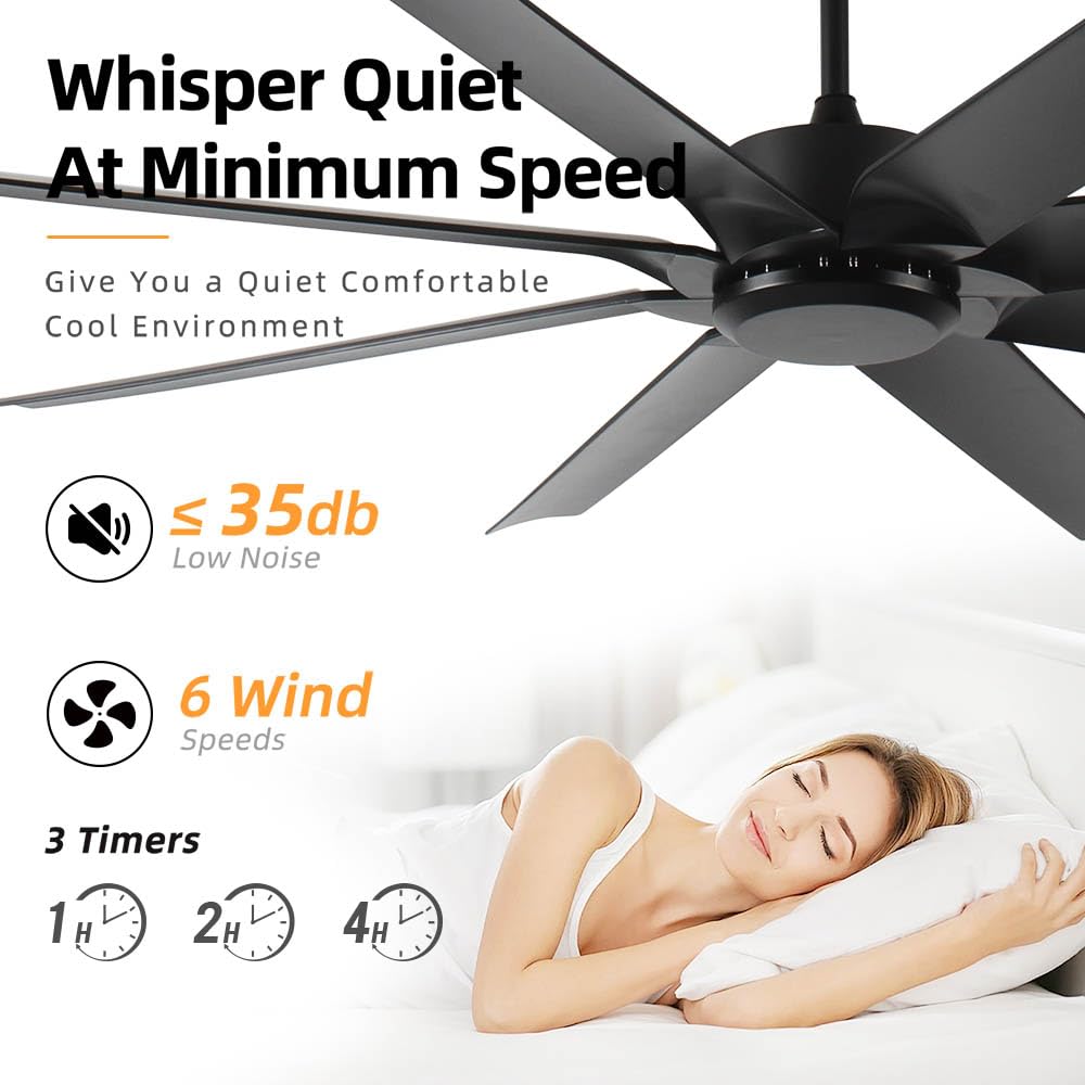 Duclsaty 72inch Large Ceiling Fans No light,Industrial Ceiling Fan with 8 Blades(ABS),Reversible DC Motor,Quiet Fans with Remote control,3 Downrods,Black Ceiling Fans for Patio/Porch/Garage/Shop Duclsaty
