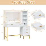 EROMMY 48" Fluted Makeup Vanity Desk with 36" Large Mirror and Lights, Big Vanity Table with 5 Drawers, 3 Storage Shelves and Charging Station, Modern Glass Top Dressing Table Set for Bedroom EROMMY