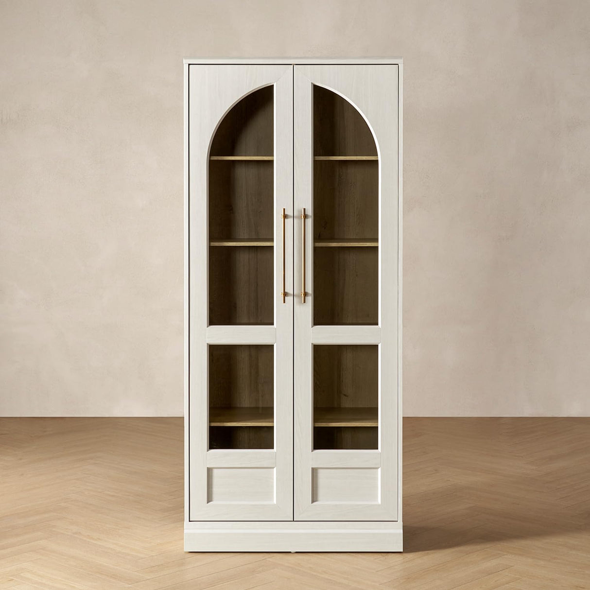 mopio Blake Tall Display Cabinet, Kitchen Buffet Pantry Cupboard, Trophy Display Case, Storage Cabinet Scratch Resistant Acrylic, Modern Farmhouse Curio Organizer (White Oak Arched, Single) mopio