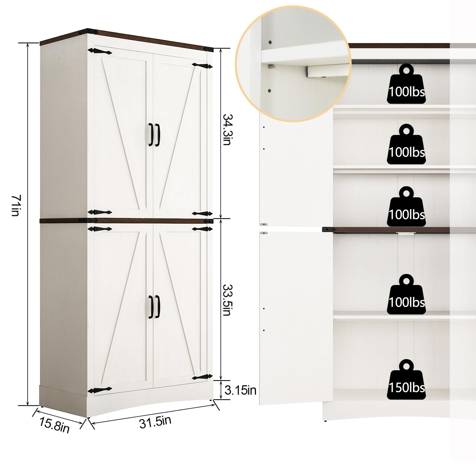 Hlivelood 71in Farmhouse Tall Storage Cabinet with Adjustable Shelves and Barn Doors in White - WoodArtSupply