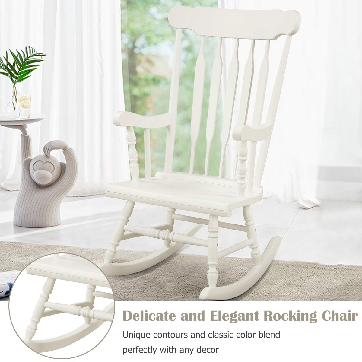 Giantex Outdoor Wood Rocking Chair - Patio Rocking Chair with Solid Rubber Wood Frame, Slat Back, Outside & Indoor Rocker for Garden, Poolside, Balcony, Backyard, Lawn, Front Porch Rocker, White Giantex