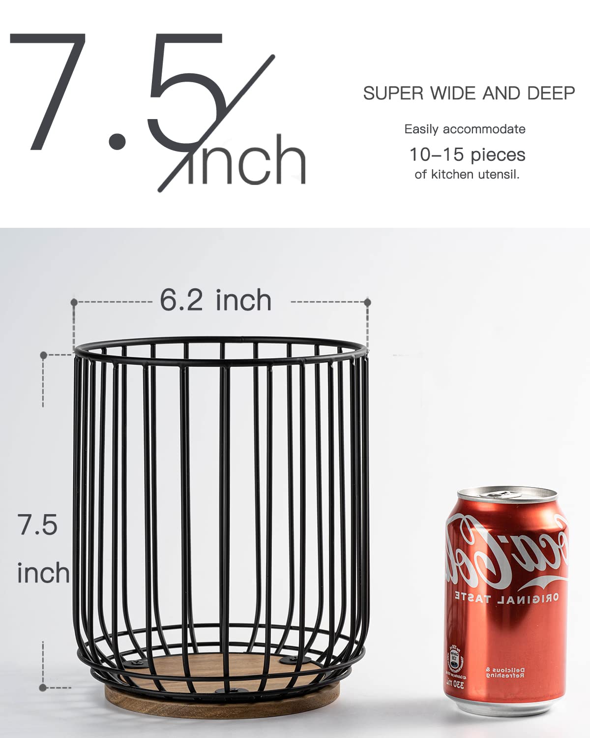 getstar Kitchen Utensil Holder, Large Wire Utensil Holder for Kitchen Counter (W6.2” x H7.5”) with Acacia Base getstar