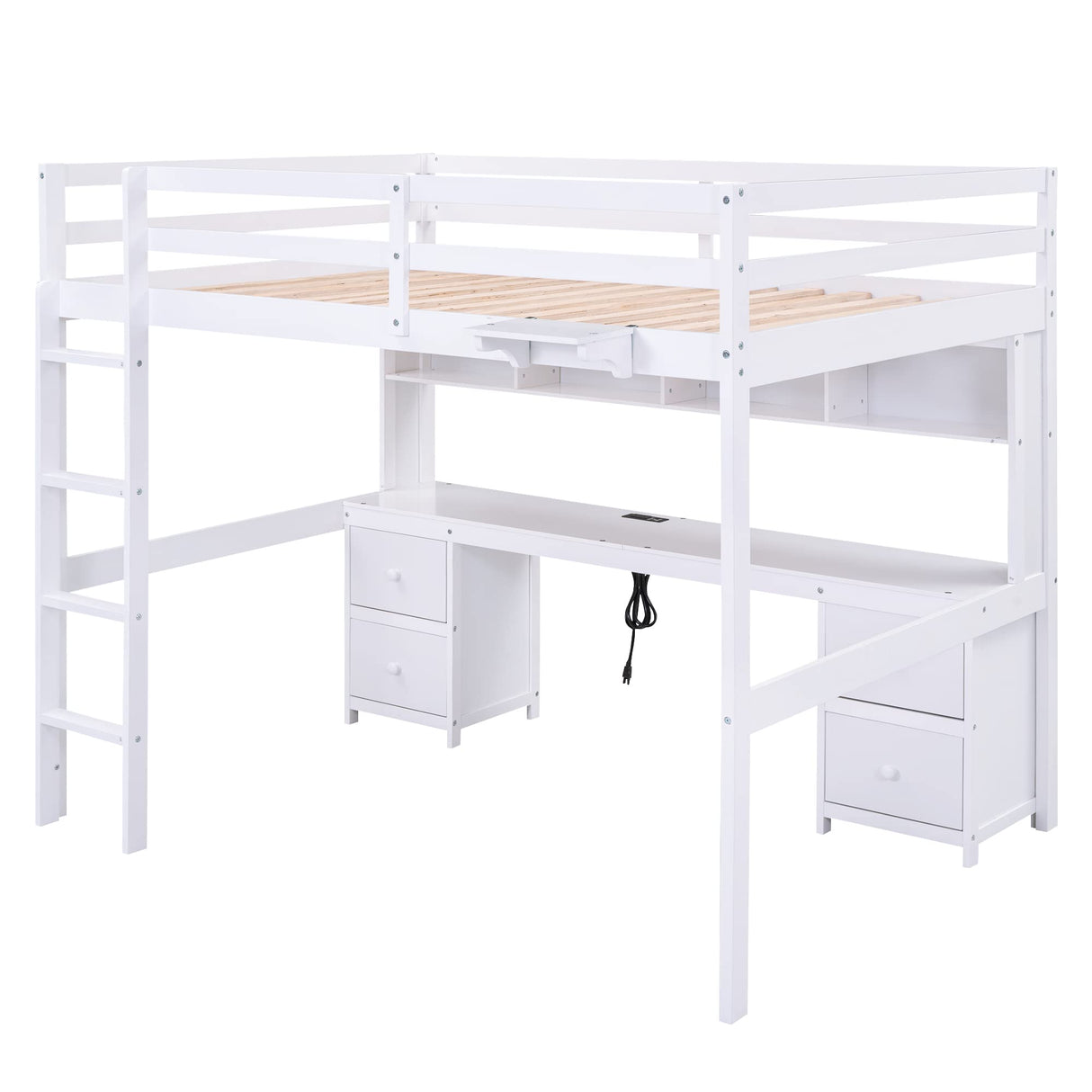 Merax Full Size White Loft Bed with Desk, Storage Cabinets, and Charging Station Merax