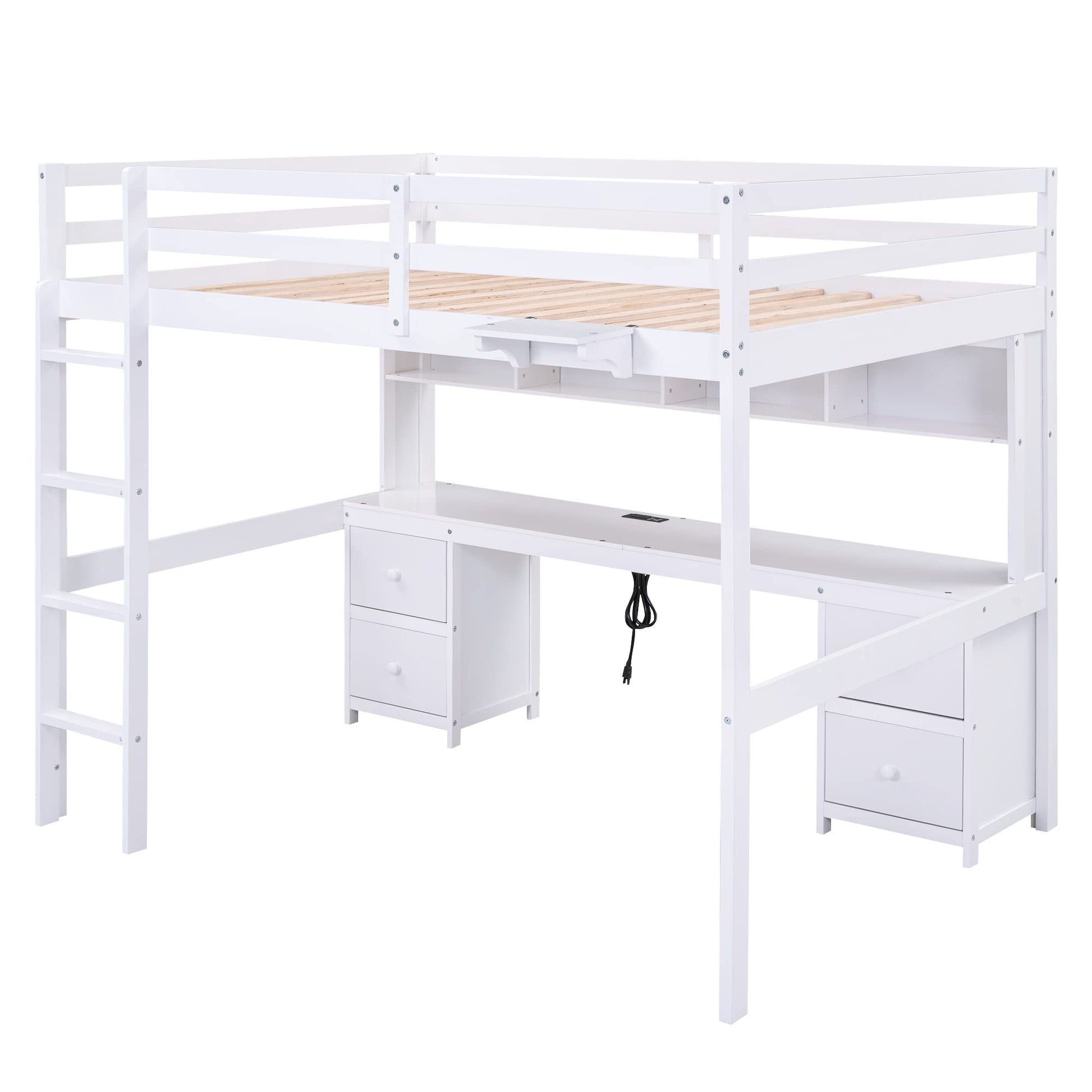 Merax Full Size White Loft Bed with Desk, Storage Cabinets, and Charging Station - WoodArtSupply