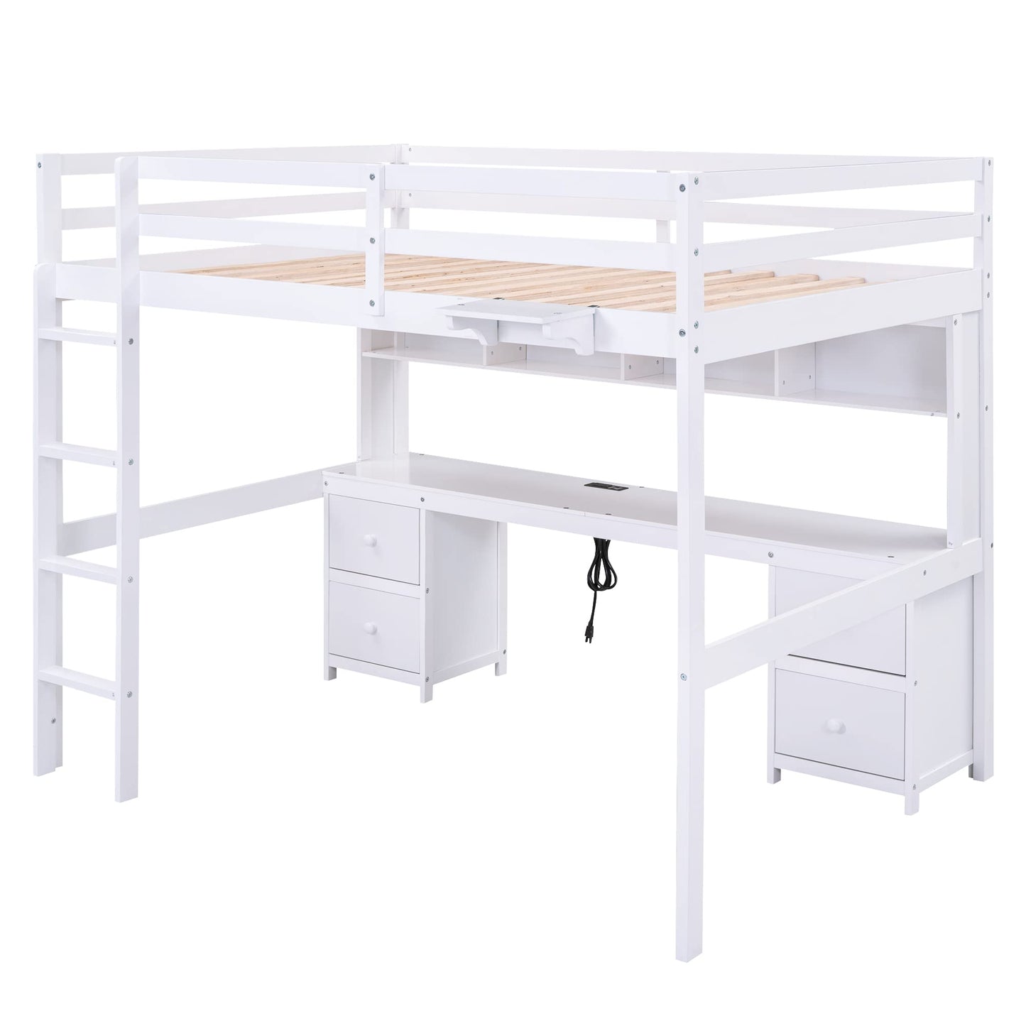 Taikonaut Multifunctional Full Size Loft Bed with Desk, Cabinets, and Charging Station - White - WoodArtSupply