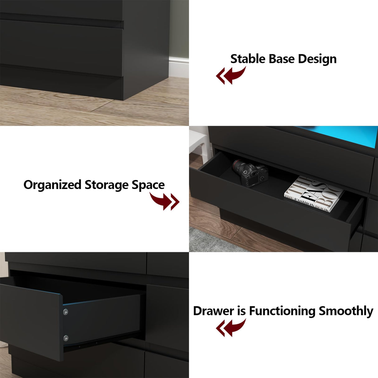 Loomie 6 Drawer Dresser for Bedroom, Wide Chest of Drawers with Charging Station and LED Lights, Traditional Bedroom Furniture, Modern Storage Dresser TV Stand for Living Room (Black) Loomie