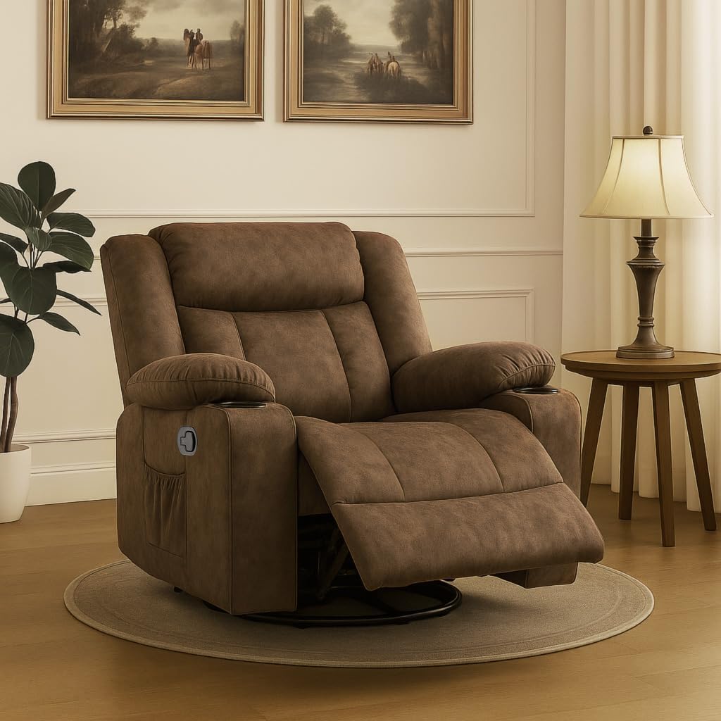 COMHOMA Recliner Chair,360°Swivel Rocker Recliners with Cup Holders&Side Pockets,Manual Reclining Single Sofa,Fabric Upholstered Lounge Chairs for Living Room,Brown COMHOMA