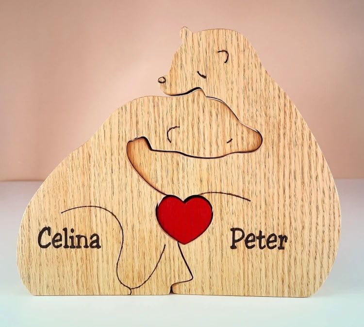 Personalized Bear Family Names Puzzle (2-5 Names), Custom Wooden Bear Sculpture Decorative Gifts for Mom and Dad, Family Puzzle for Mother's Day, Father's Day, Birthday, Wedding, Anniversary - WoodArtSupply