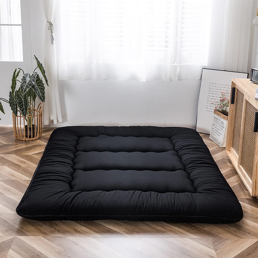 MAXYOYO Japanese Floor Mattress Futon Mattress, 4" Thicken Tatami Mat Sleeping Pad Foldable Roll Up Mattress Boys Girls Dormitory Mattress Pad Kids Floor Lounger Pillow Bed, Black, King MAXYOYO