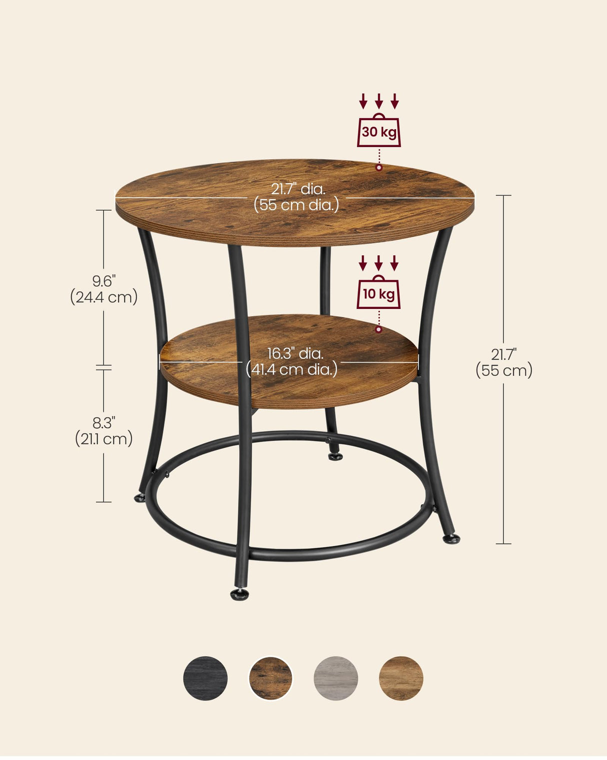 VASAGLE Side Table, Round End Table with 2 Shelves for Living Room, Bedroom, Nightstand with Steel Frame for Small Spaces, Outdoor Accent Coffee Table, Rustic Brown and Black VASAGLE