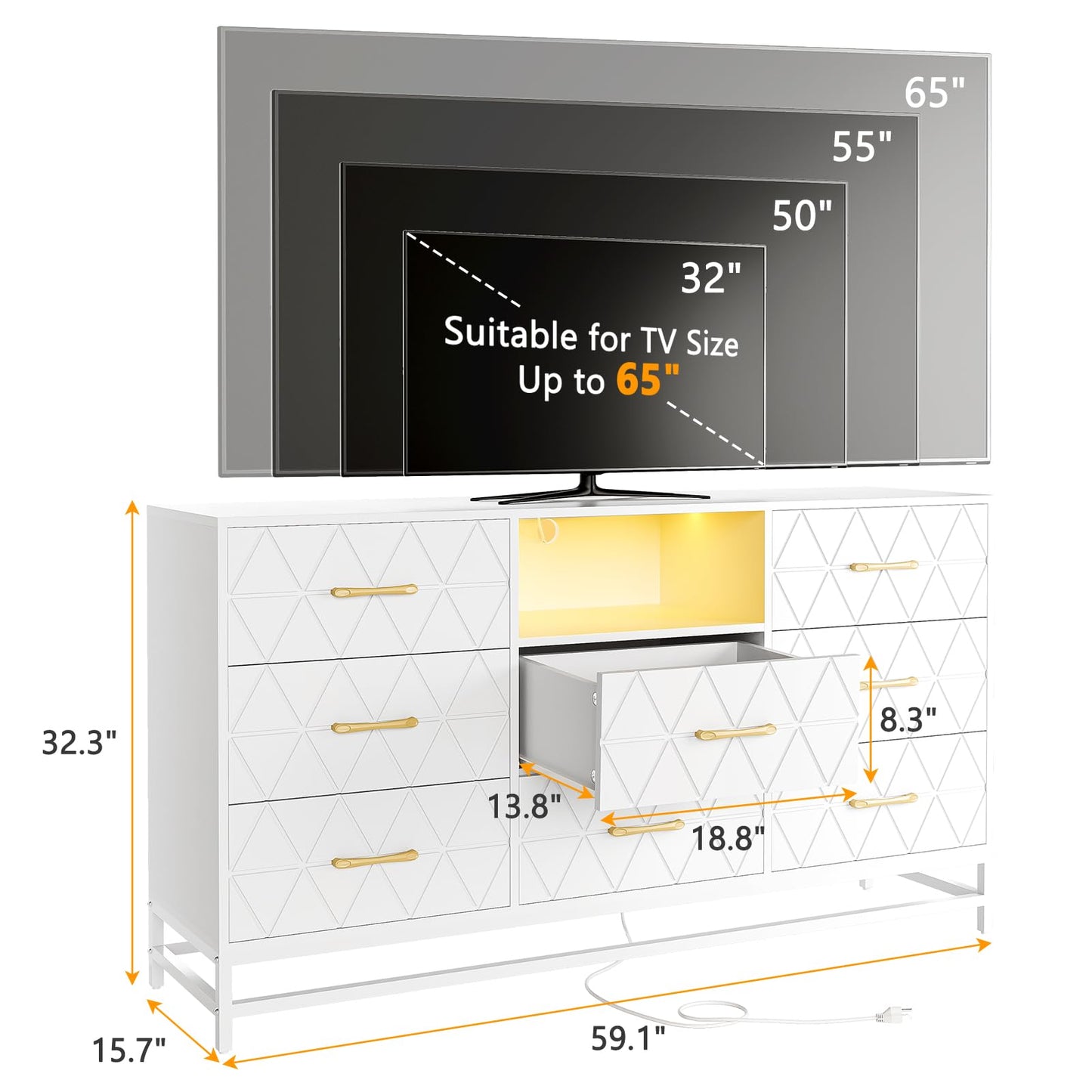 Patikuin 8 Deep Drawer White Dresser for Bedroom with Charging Station and LED Lights, 59" TV Dresser Wooden Large Long Dresser, Modern Chest of Drawers Storage Organizer for Closet, Living Room