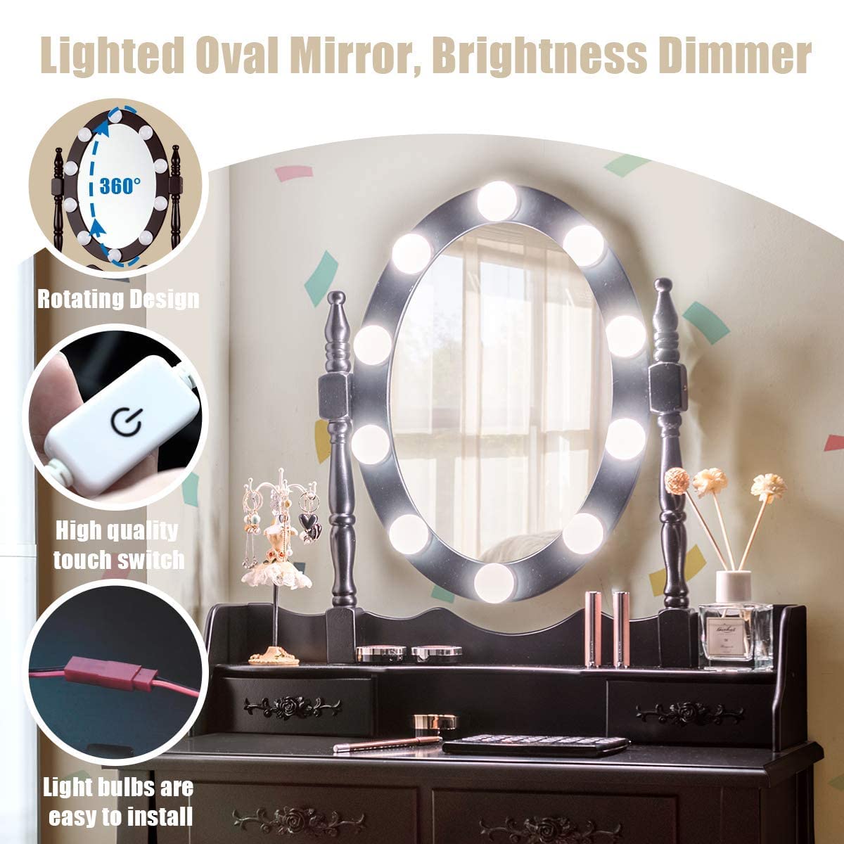 MAT EXPERT Vanity Desk Set with Lighted Mirror, Versatile Dresser w/Padded Stool & 4 Drawers, Makeup Organizer Table w/360° Rotatable Mirror & 10 Adjustable Light, Modern Bedroom Vanities (Brown) MAT EXPERT