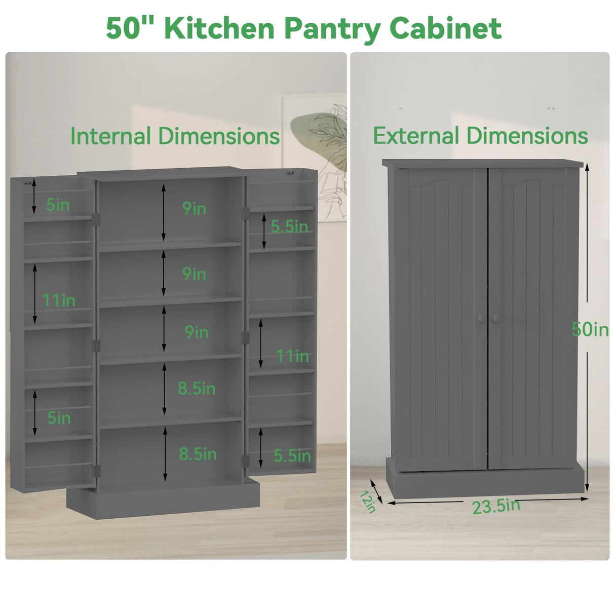 GEPELCN 50" LED Kitchen Pantry Cabinet Grey Storage Cabinet Food Pantry with Doors and Adjustable Shelves Freestanding Buffet Cupboards Sideboard for Kitchen Living Room and Dinning Room GEPELCN