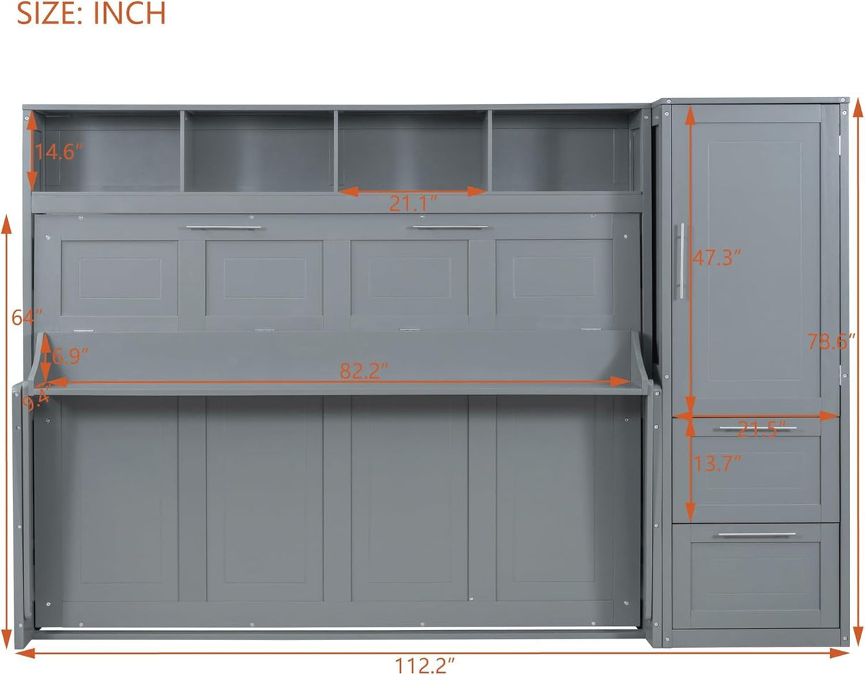 MERITLINE Queen Murphy Bed with Wardrobe Closet,2 Drawer,4 Storage Open Shelves,Wood Folding Murphy Wall Bed Cabinet (Grey) MERITLINE