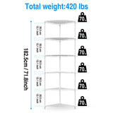 6-Tier NSF Metal Corner Shelf Wire Shelving Unit - 420lbs Capacity, Adjustable, with leveling feet & Shelf Liners - Ideal for Garage, Kitchen, and More - 18" L x 18" D x 72" H - Fan-Shape - White pouseayar