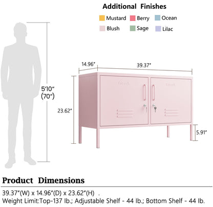 Aiasuit TV Stand Multifunctional Metal Storage Cabinet 2-Tier Shelf Thick Plate Material Support Sturdy Metal Sideboard Adjustable Storage Cabinet Pink Size: 23.62”H x 39.37”W x 14.96”D