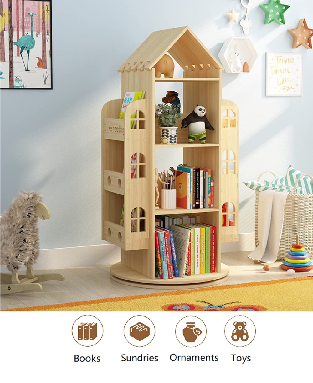 Heehee 360° Rotating Wooden Bookshelf for Kids - Eco-Friendly Floor Stand Book Rack Heehee