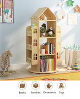 Heehee 360° Rotating Wooden Bookshelf for Kids - Eco-Friendly Floor Stand Book Rack Heehee