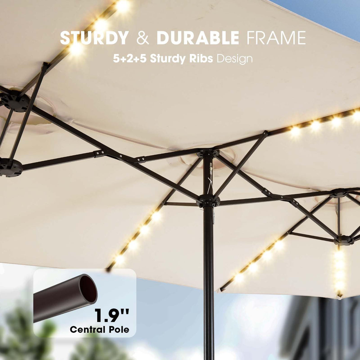 BLUU 15FT Solar LED Patio Umbrella with Base,Outdoor Double-Sided Umbrella with Crank Handle, Powerful UV Protective, for Pool Lawn Garden,Beige BLUU