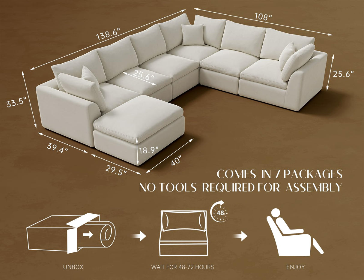 ohllob Oversized Cloud Couches for Living Room, Convertible Sectional Couch with Ottoman, 7 Seater Large Modular Sectional Sofa, Warm White ohllob