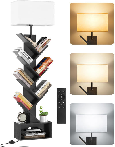OUTONLIFE 6 Tier Tree Bookshelf with Light, Remote & Timer, Modern Tall Floor Standing Book Shelf, Narrow Wood Bookcase, Small Book Organizer Shelves for Living Room, Bedroom, Office (Black)