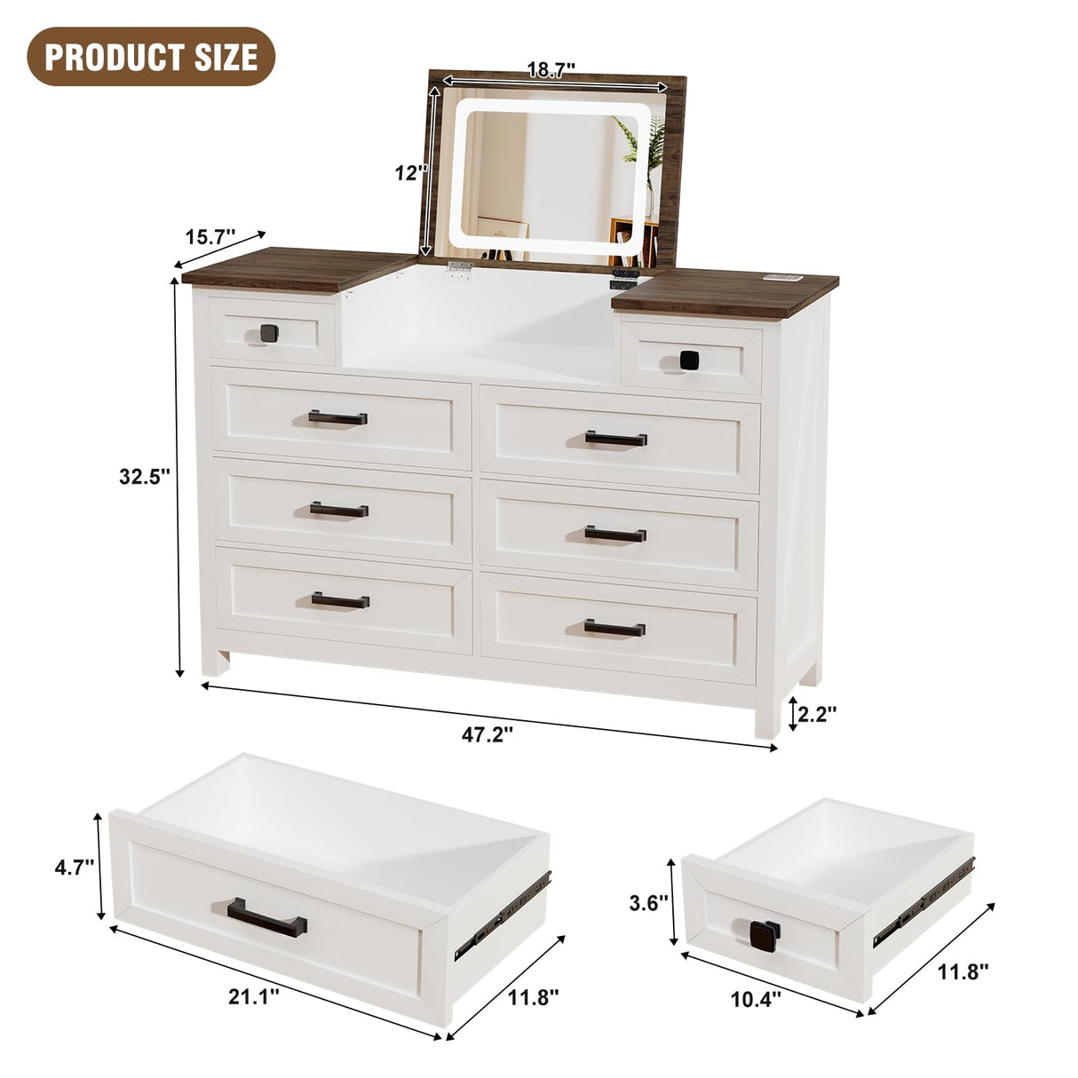 BROTTAR Dresser with Mirror for Bedroom, Chest of Drawers with LED Mirror, 8 Drawer Dresser with Charging Station, White Kids Dressers, Farmhouse Makeup Vanity with Storage for Bedroom BROTTAR