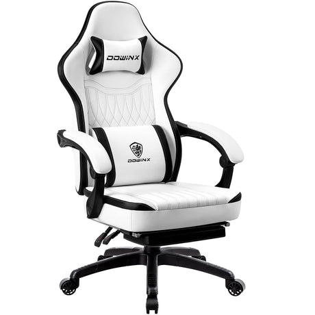 Dowinx Gaming Chair Breathable PU Leather Gamer Chair with Pocket Spring Cushion, Ergonomic Computer Chair with Massage Lumbar Support,Adjustable Swivel Task Chair with Footrest(Black&White) Dowinx