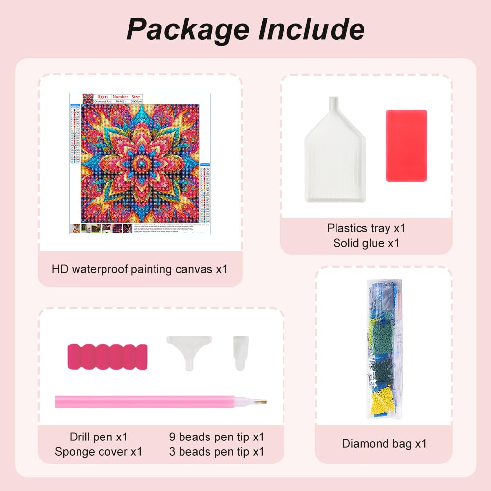 FHBUBPUP 5D Diamond Painting Kits for Adults, Mandala Diamond Art Kits for Beginners - DIY Full Drill Round Diamond Dot Gem Art Flower, Craft Gift Suitable for Home Wall Decoration 12×12Inch FHBUBPUP