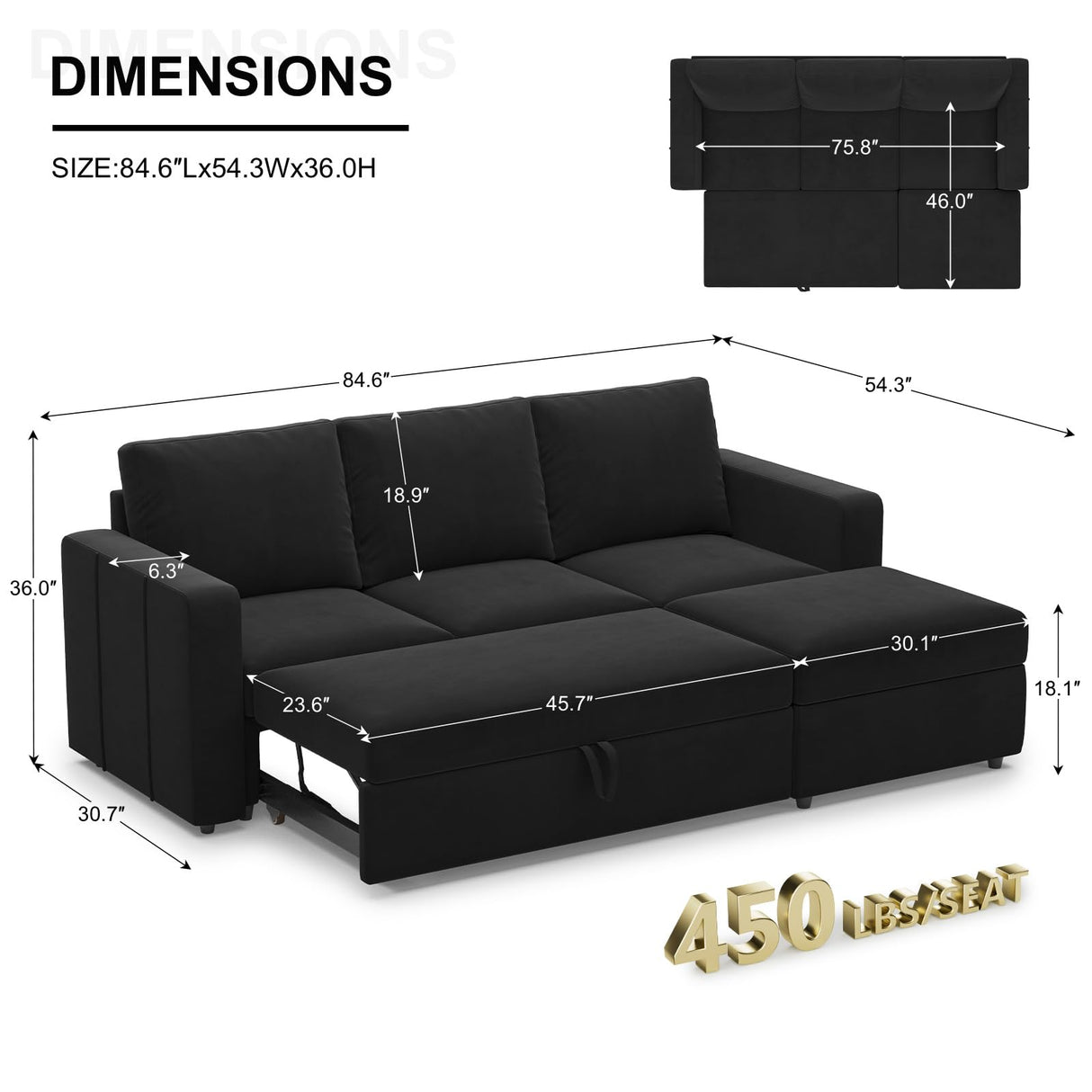 Belffin Modular Sectional Sleeper Sofa with Pull Out Couch, L Shaped Sleeper Pull Out Bed, Convertible Sectional Couches for Living Room, Black Belffin