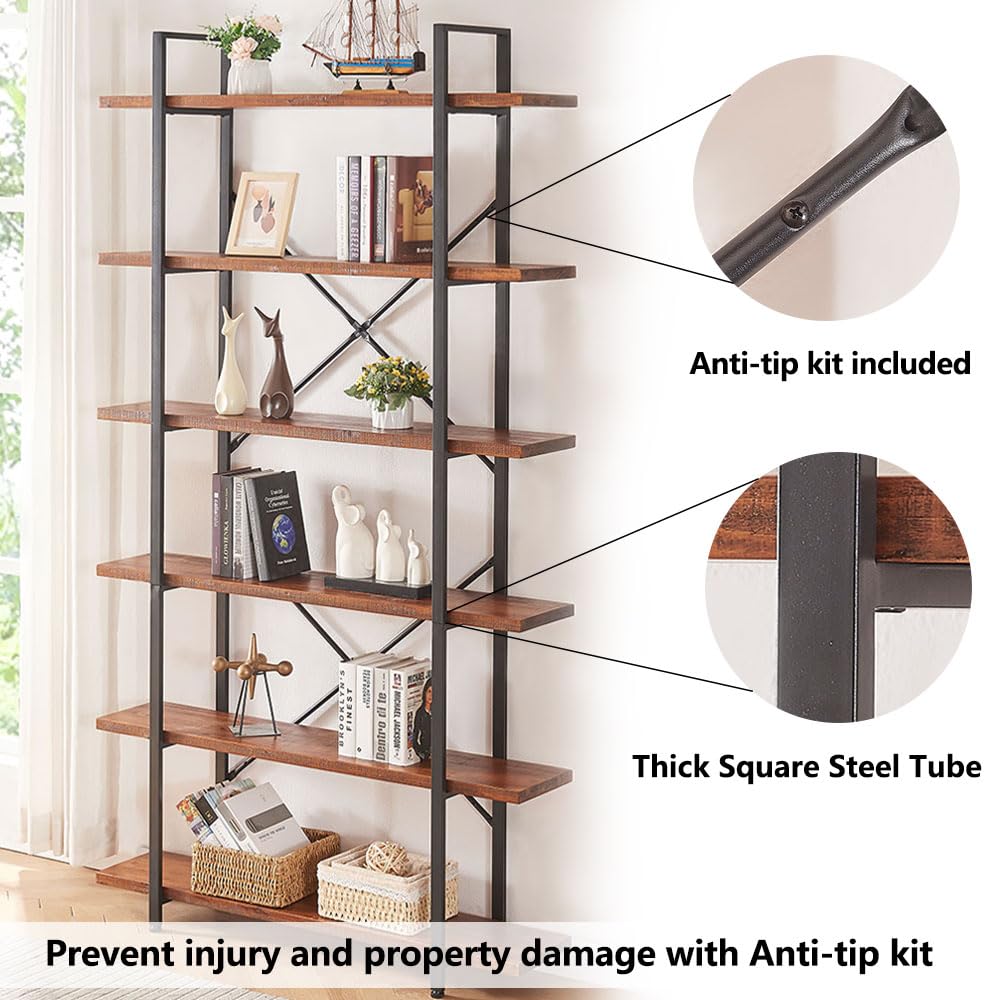 HSH Distressed Brown Solid Wood 6-Tier Industrial Bookcase with Sturdy Metal Frame - WoodArtSupply