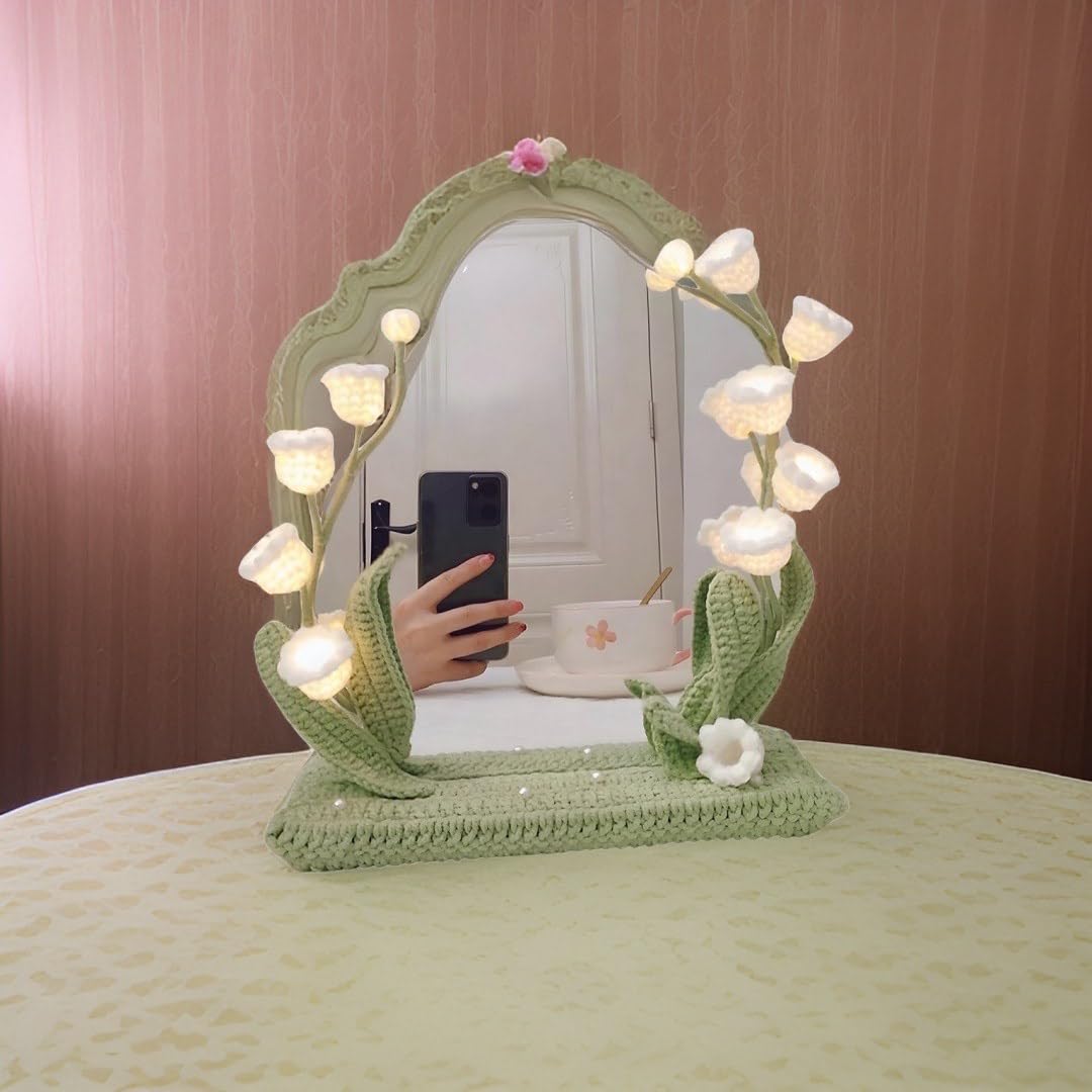 kasthamandap wooden Makeup Vanity Mirror with led Light, Handcrafted Crochet Flower Accent for Room Decoration - WoodArtSupply